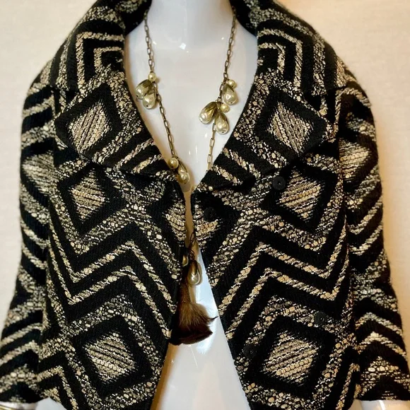 GIAMBATTISTA VALLI DESIGNER WOOL BLACK METALLIC GOLD CROPPED FITTED JACKET ITALY
